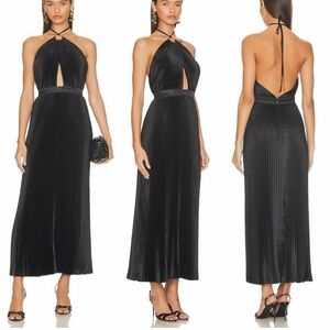 L'IDÉE Reveil A-Line Gown Halter Cut Out Open Back Pleated Black Midi Dress NEW